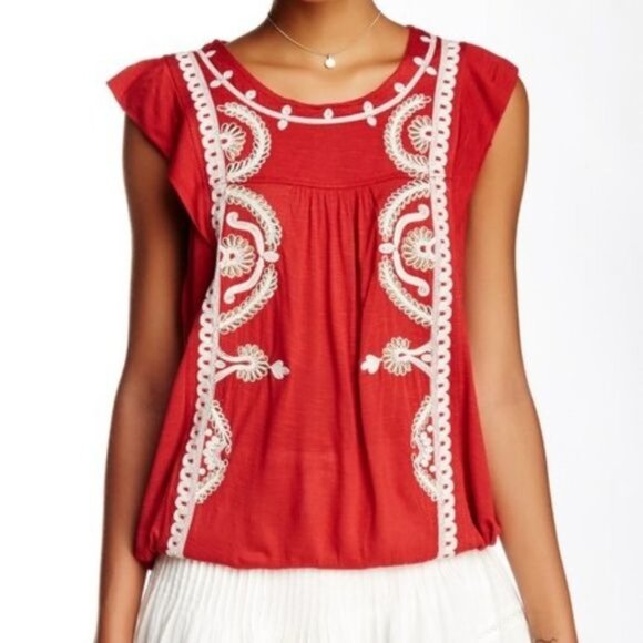 Free People Dos Segundos Embroidered Red Blouse Women's Size Small S - Picture 1 of 8